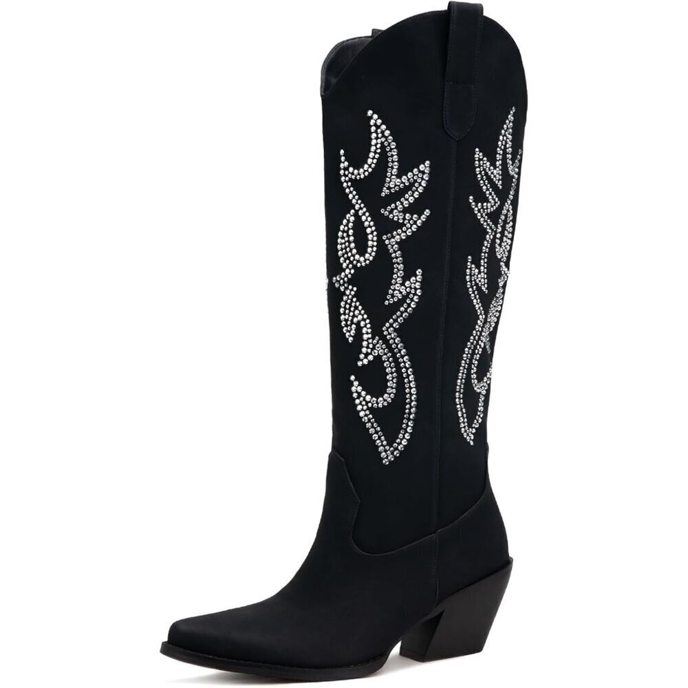 🆕Women Faux Leather Black & Rhinestone Knee High Pointed Toe Chunky Heel Boot